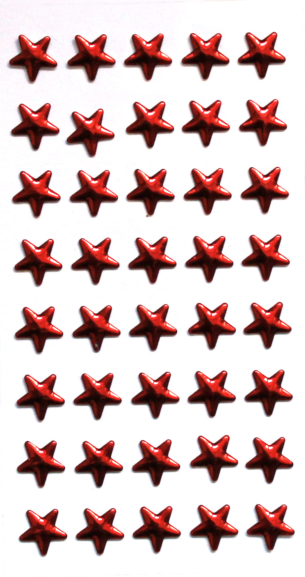 Quarante-cinq autocollants Artoz 3D "Strass Stern rot" d'Artoz Papier AG, en forme d'étoile rouge brillante, disposés dans une grille 9x5 sur fond blanc.