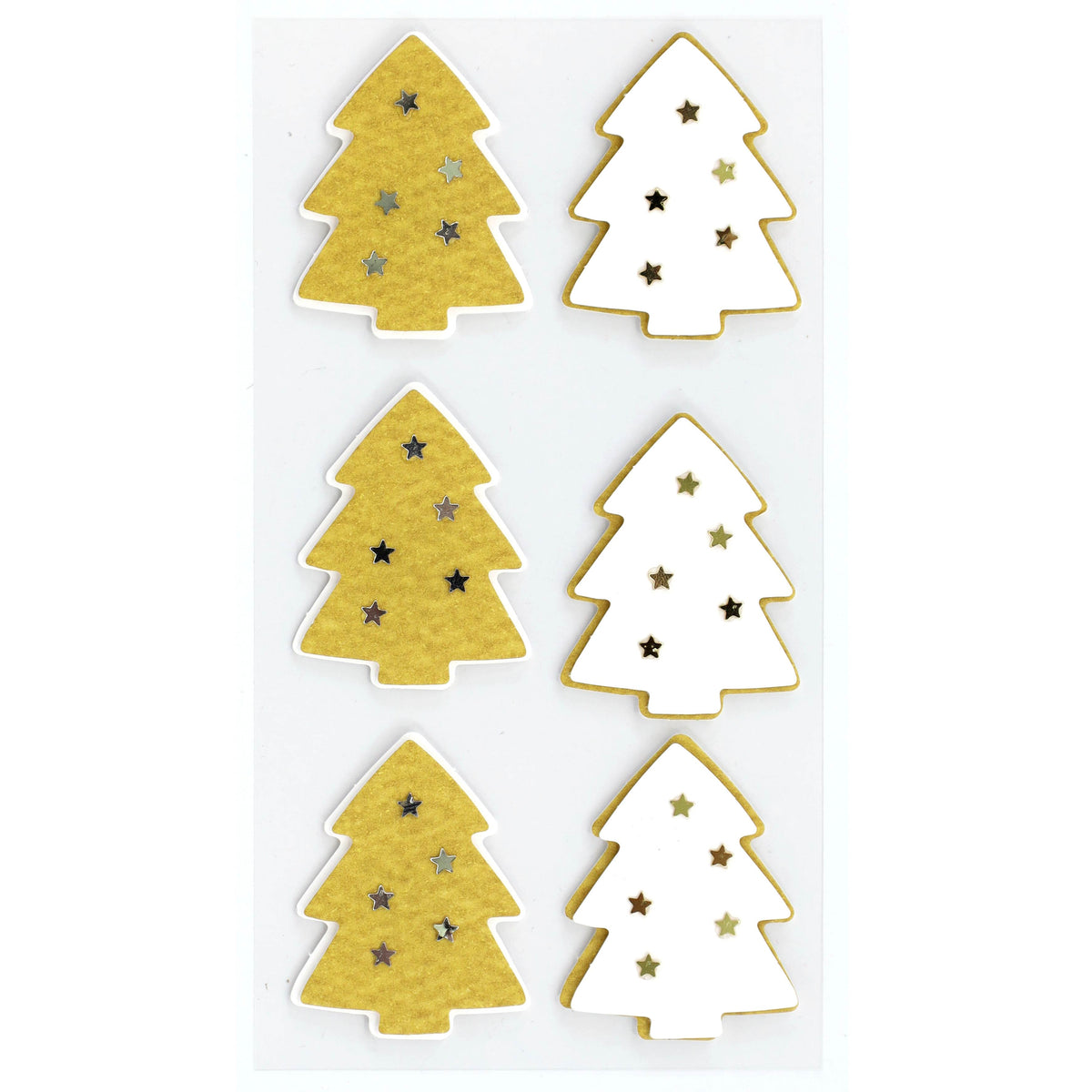 Six autocollants dorés en forme de sapin de Noël, ornés chacun de petites étoiles découpées et d'un charmant motif d'ourson, sont disposés en deux colonnes sur un fond blanc. Ces motifs festifs « Artoz 3D Sticker Tannenbaum gelb » de la marque Artoz Papier AG apportent une touche ravissante à vos créations de Noël.