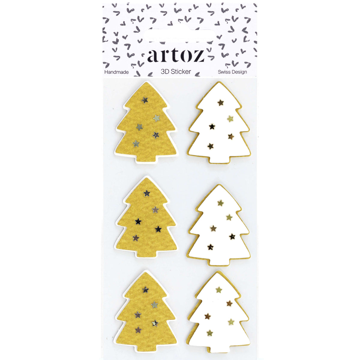 Lot de six autocollants 3D « Tannenbaum jaune » d'Artoz Papier AG, comprenant trois motifs de sapins de Noël dorés et trois blancs, chacun orné de petites étoiles, le tout sur fond blanc.