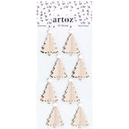 Lot de huit autocollants 3D « Tannenbaum » d'Artoz, proposés par Artoz Papier AG, représentant des sapins de Noël aux teintes claires surmontés d'étoiles blanches et réalisés dans le style caractéristique du « Schweizer Design ». L'emballage est orné d'un motif de fond composé de petits cœurs noirs.
