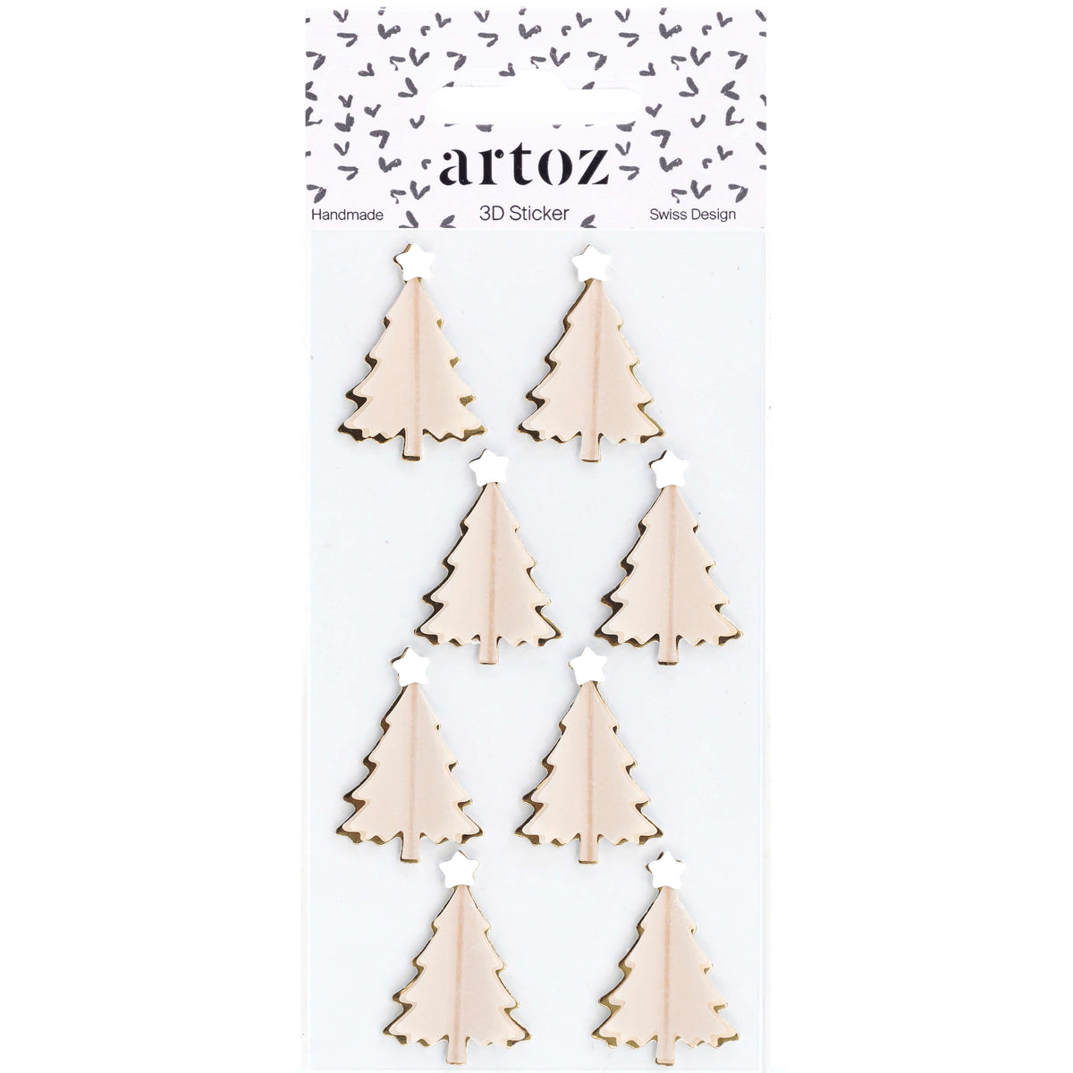 Lot de huit autocollants 3D « Tannenbaum » d'Artoz, proposés par Artoz Papier AG, représentant des sapins de Noël aux teintes claires surmontés d'étoiles blanches et réalisés dans le style caractéristique du « Schweizer Design ». L'emballage est orné d'un motif de fond composé de petits cœurs noirs.