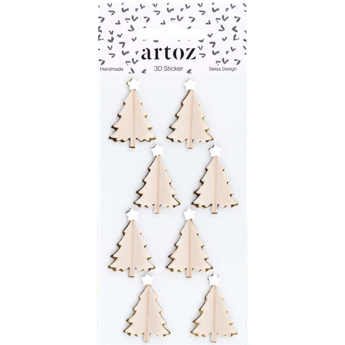 Lot de huit autocollants 3D « Tannenbaum » d'Artoz, proposés par Artoz Papier AG, représentant des sapins de Noël aux teintes claires surmontés d'étoiles blanches et réalisés dans le style caractéristique du « Schweizer Design ». L'emballage est orné d'un motif de fond composé de petits cœurs noirs.