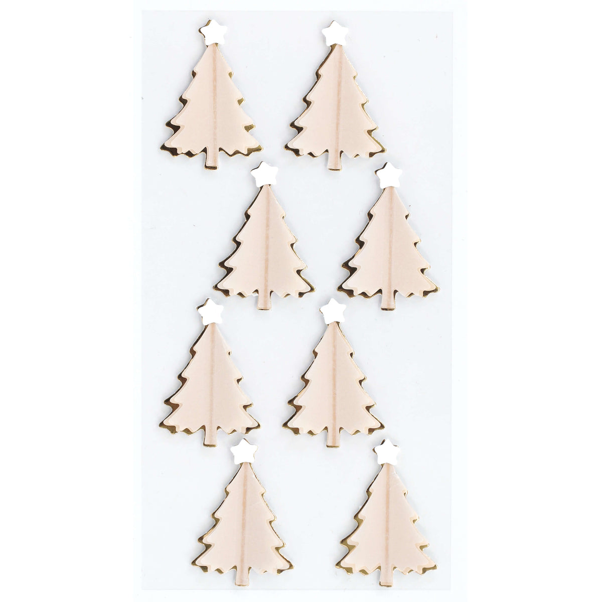 Huit découpes « Artoz 3D Sticker Tannenbaum » de couleur beige, produites par Artoz Papier AG — chacune ornée d'une étoile blanche et disposées en quinconce sur un fond blanc — illustrent l'élégance du design suisse et la qualité réputée des autocollants 3D Artoz.