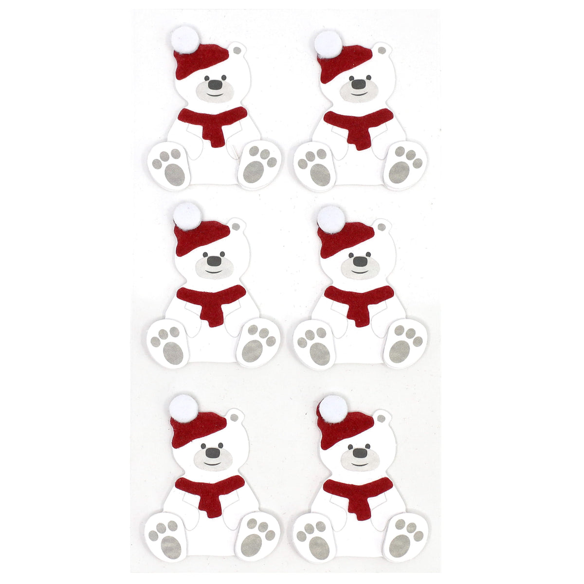 Six oursons blancs de bande dessinée, coiffés de bonnets de Père Noël rouges et portant des écharpes rouges, sont assis bien droits, disposés en deux colonnes de trois, sur un fond blanc. Le lot d'autocollants 3D « Artoz 3D Sticker Teddybär » d'Artoz Papier AG comprend des autocollants 3D de grande qualité et met en valeur un ravissant design suisse.