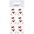 Six autocollants « Teddybär » blancs de la marque Artoz Papier AG, chacun orné d'un bonnet et d'une écharpe rouges, sont présentés en deux colonnes de trois sur une carte portant la mention « Artoz 3D Sticker Teddybär ». Ces oursons joyeux arborent des empreintes de pattes bien visibles sur leurs pieds, illustrant à merveille le charme du design suisse.