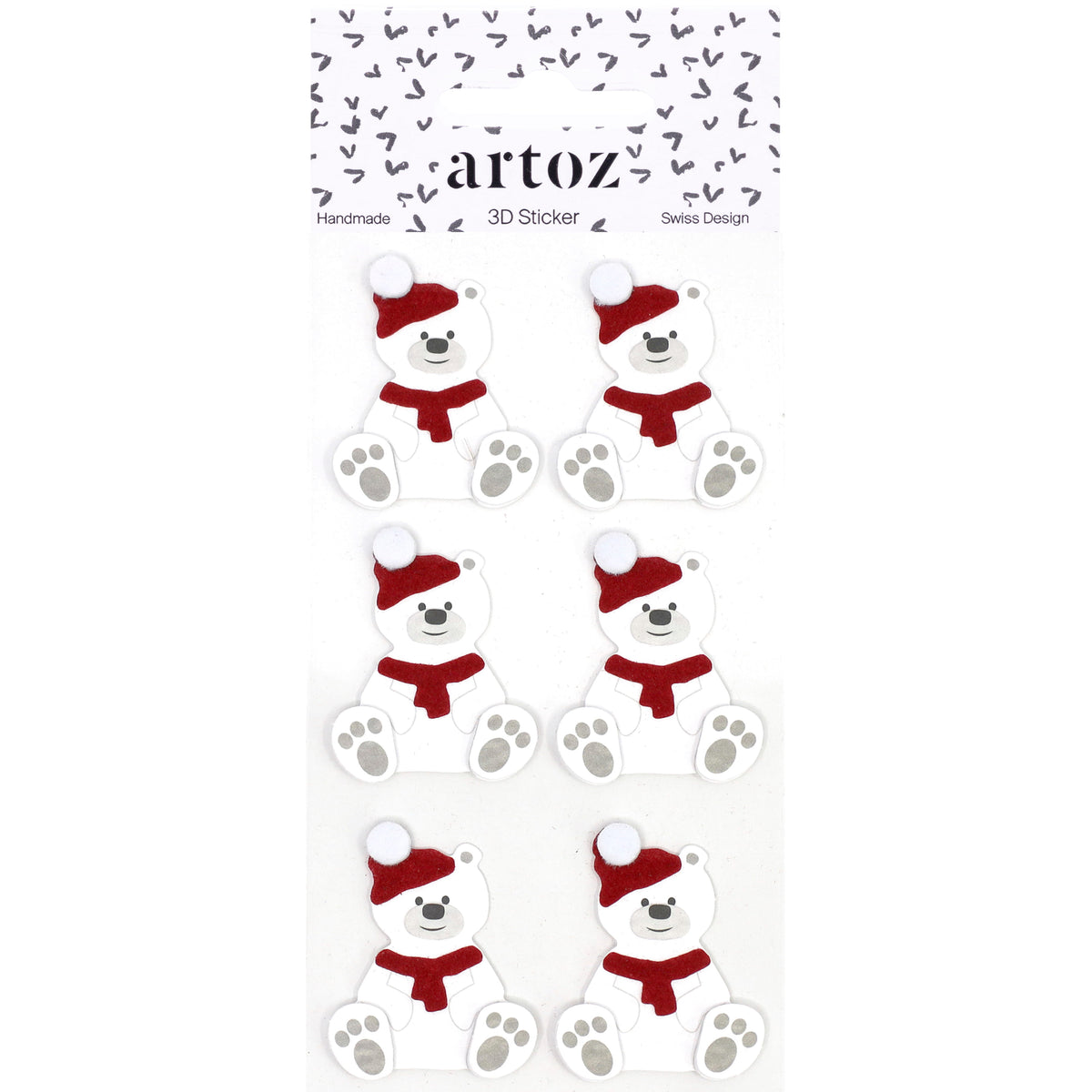 Six autocollants « Teddybär » blancs de la marque Artoz Papier AG, chacun orné d'un bonnet et d'une écharpe rouges, sont présentés en deux colonnes de trois sur une carte portant la mention « Artoz 3D Sticker Teddybär ». Ces oursons joyeux arborent des empreintes de pattes bien visibles sur leurs pieds, illustrant à merveille le charme du design suisse.