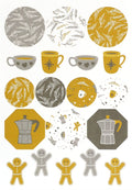 Embellissez vos créations avec les autocollants « Tee-Kaffeetassen » d'Artoz Papier AG, qui proposent un ravissant mélange de cercles, d'octogones et de tasses à thé ou à café ornées de motifs botaniques, des cafetières, des biscuits et des figurines en pain d'épices dans les tons jaune, gris, blanc et marron sur un fond blanc éclatant — idéales pour la décoration DIY ou comme charmantes décorations de cadeaux.