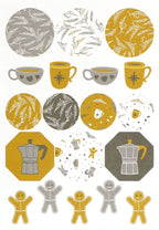 Embellissez vos créations avec les autocollants « Tee-Kaffeetassen » d'Artoz Papier AG, qui proposent un ravissant mélange de cercles, d'octogones et de tasses à thé ou à café ornées de motifs botaniques, des cafetières, des biscuits et des figurines en pain d'épices dans les tons jaune, gris, blanc et marron sur un fond blanc éclatant — idéales pour la décoration DIY ou comme charmantes décorations de cadeaux.