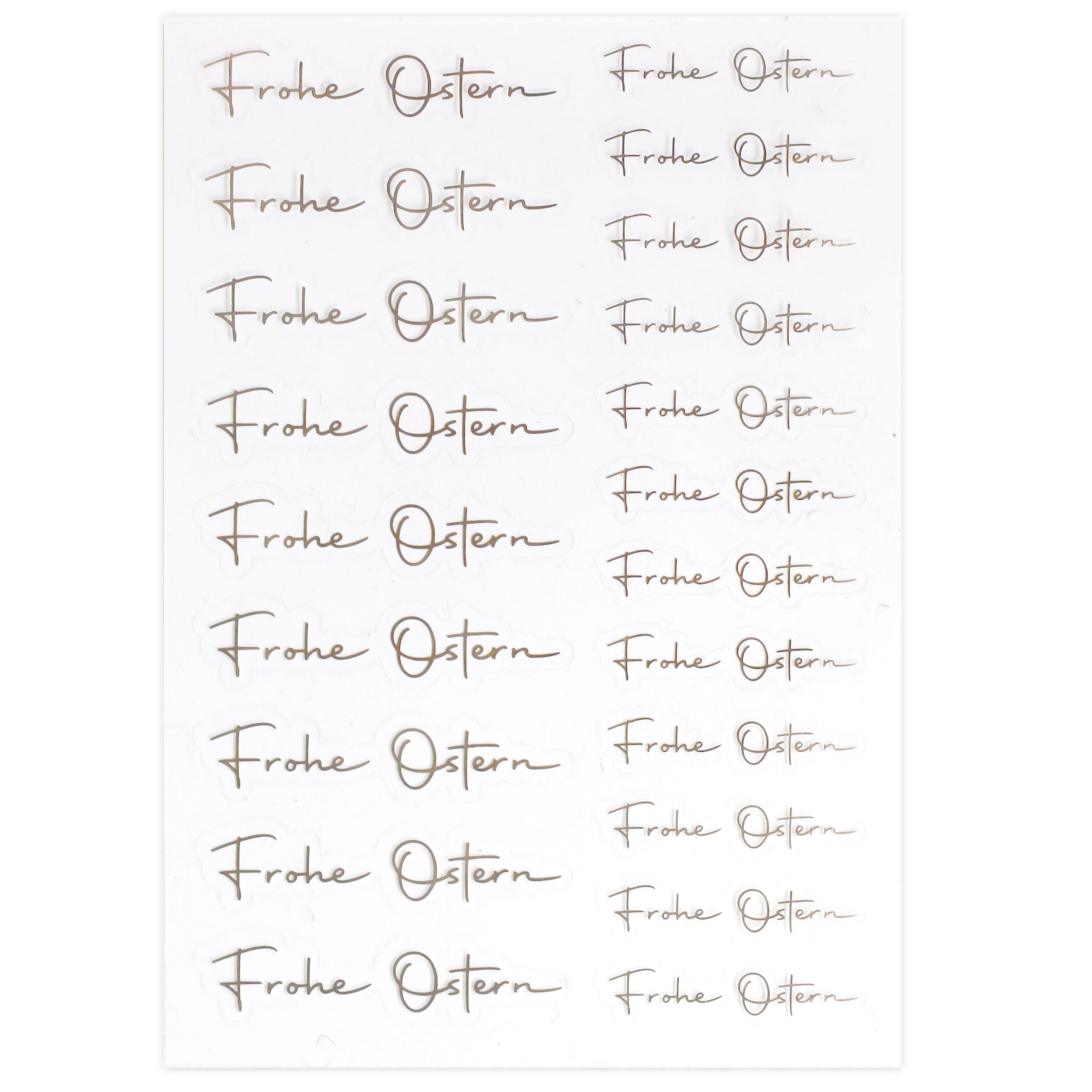 Ein Bogen Artoz Sticker Frohe Ostern transparent von Artoz Papier AG zeigt elegante goldene "Frohe Ostern" in einem Raster - ideal als Osterdeko oder transparente Sticker für Ihre festlichen Dekorationen.