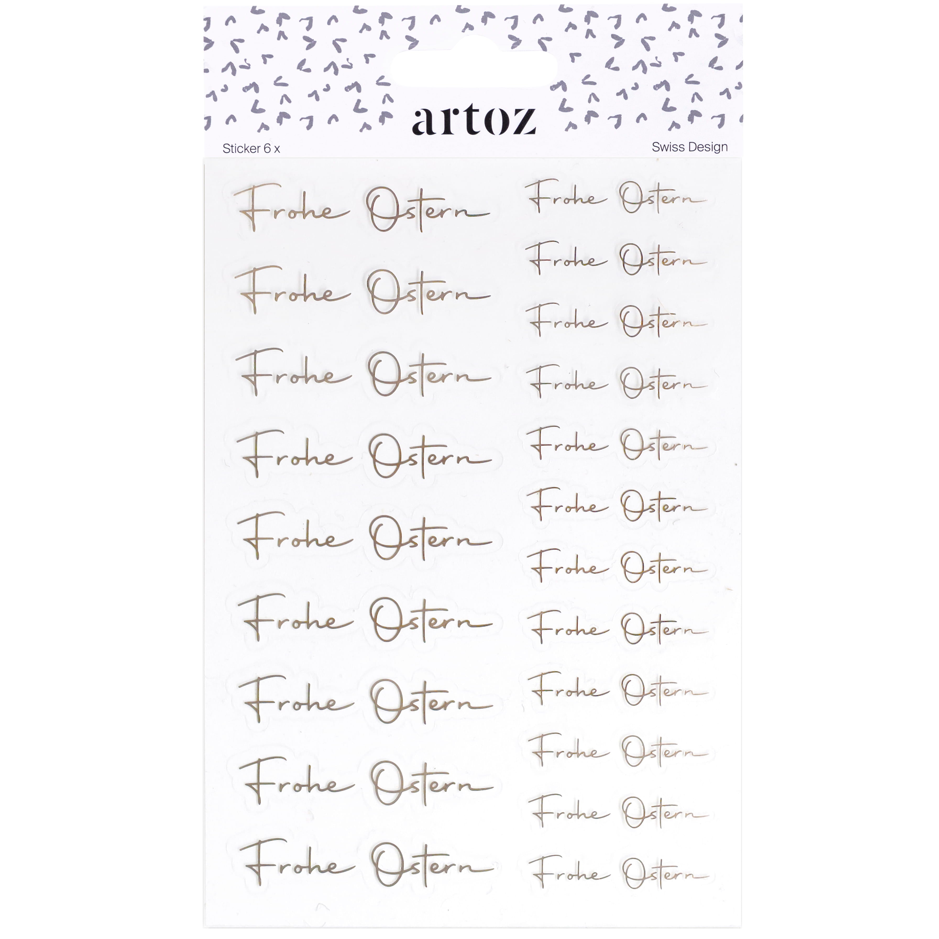 Die Artoz Sticker Frohe Ostern transparent der Artoz Papier AG zeigen klare Sticker mit handgeschriebenem "Frohe Ostern" in Reihen, verpackt mit einer gemusterten Bordüre - ideal für eine charmante Osterdeko.