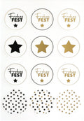 Une feuille de douze autocollants « Frohes Fest » transparents de la marque Artoz, fabriqués par Artoz Papier AG, comprend des autocollants ronds aux couleurs festives : noir, or et blanc. Certains portent l'inscription « Frohes Fest » accompagnée d'un motif d'étoile, d'autres arborent des étoiles dorées ou noires, tandis que quatre d'entre eux sont ornés de grappes de petites étoiles noires ou dorées.