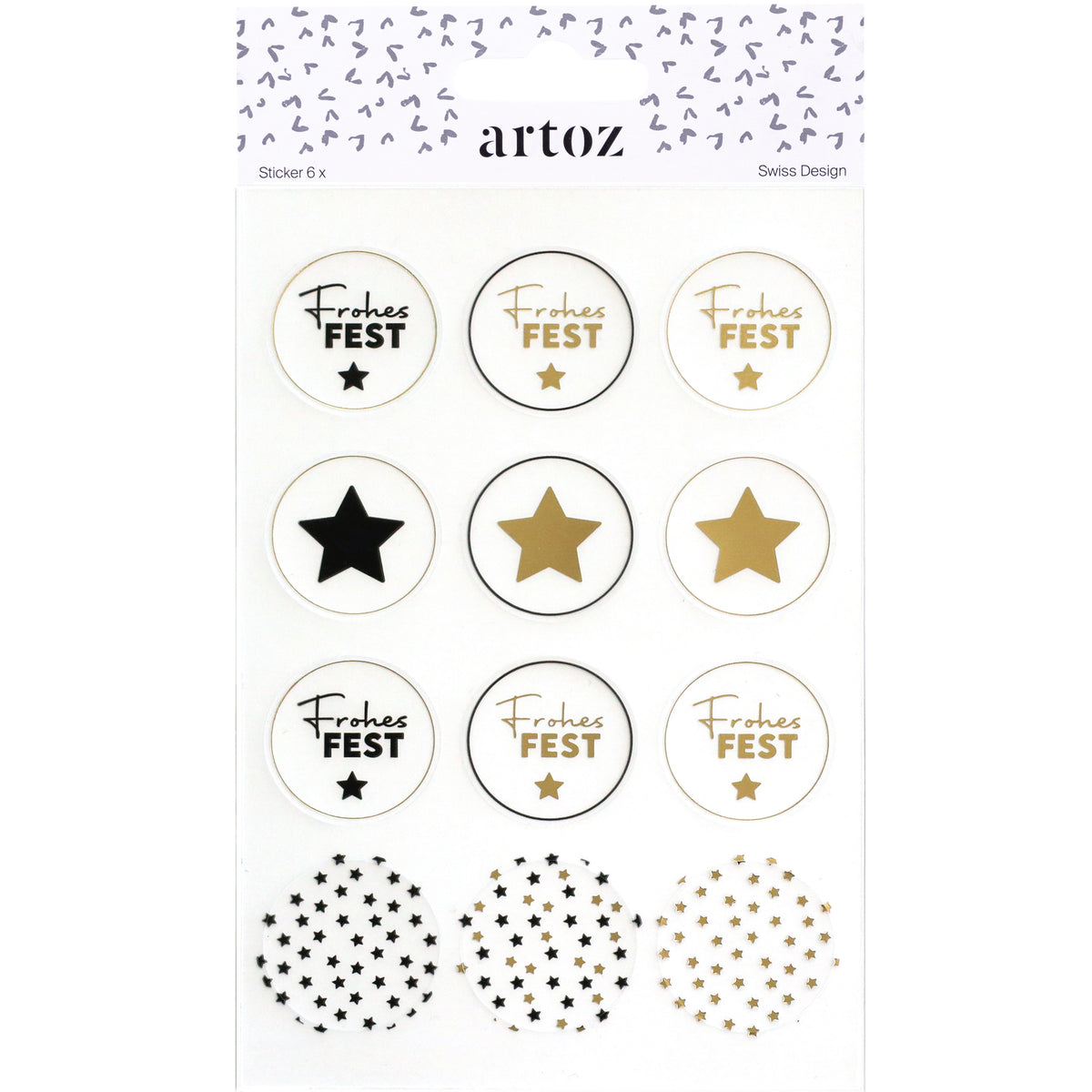 Une feuille de 12 autocollants ronds « Artoz Sticker Frohes Fest » transparents, fabriqués par Artoz Papier AG, présente des étoiles et l'inscription « Frohes Fest » dans des motifs festifs dorés, noirs et blancs — parfaits pour les emballages cadeaux. La rangée du bas met en avant divers motifs d'étoiles, tandis que certains autocollants transparents ajoutent une touche festive supplémentaire.