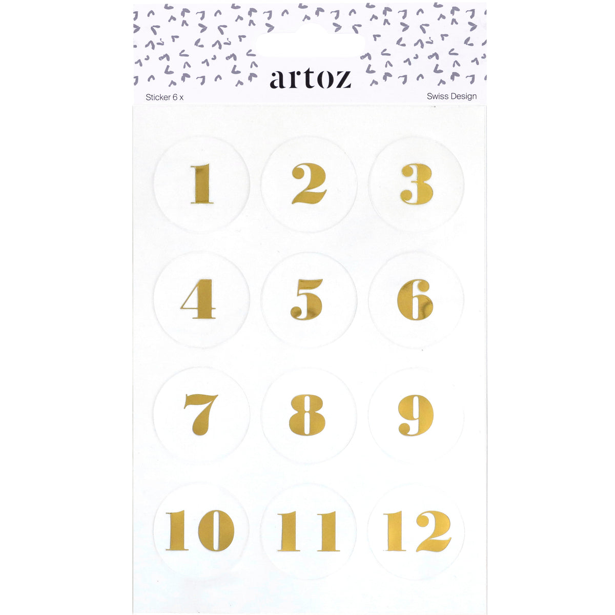 Une feuille blanche portant en haut le logo d'Artoz Papier AG, surmonté de petites formes noires, présente des autocollants numérotés dorés transparents allant de 1 à 12, disposés en quatre rangées de trois. Idéaux comme autocollants de l'Avent ou comme matériel de bricolage pour votre prochain projet créatif, les autocollants transparents « Artoz Sticker Advent » apportent une touche d'élégance.