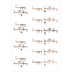L'Artoz Sticker Happy Birthday transparent d'Artoz Papier AG représente le mot "Happy Birthday" en cursive dorée et noire avec un cœur en dessous, parfait pour la Geburtstagsdekoration, disposé sur une feuille transparente en quatre rangées de trois.