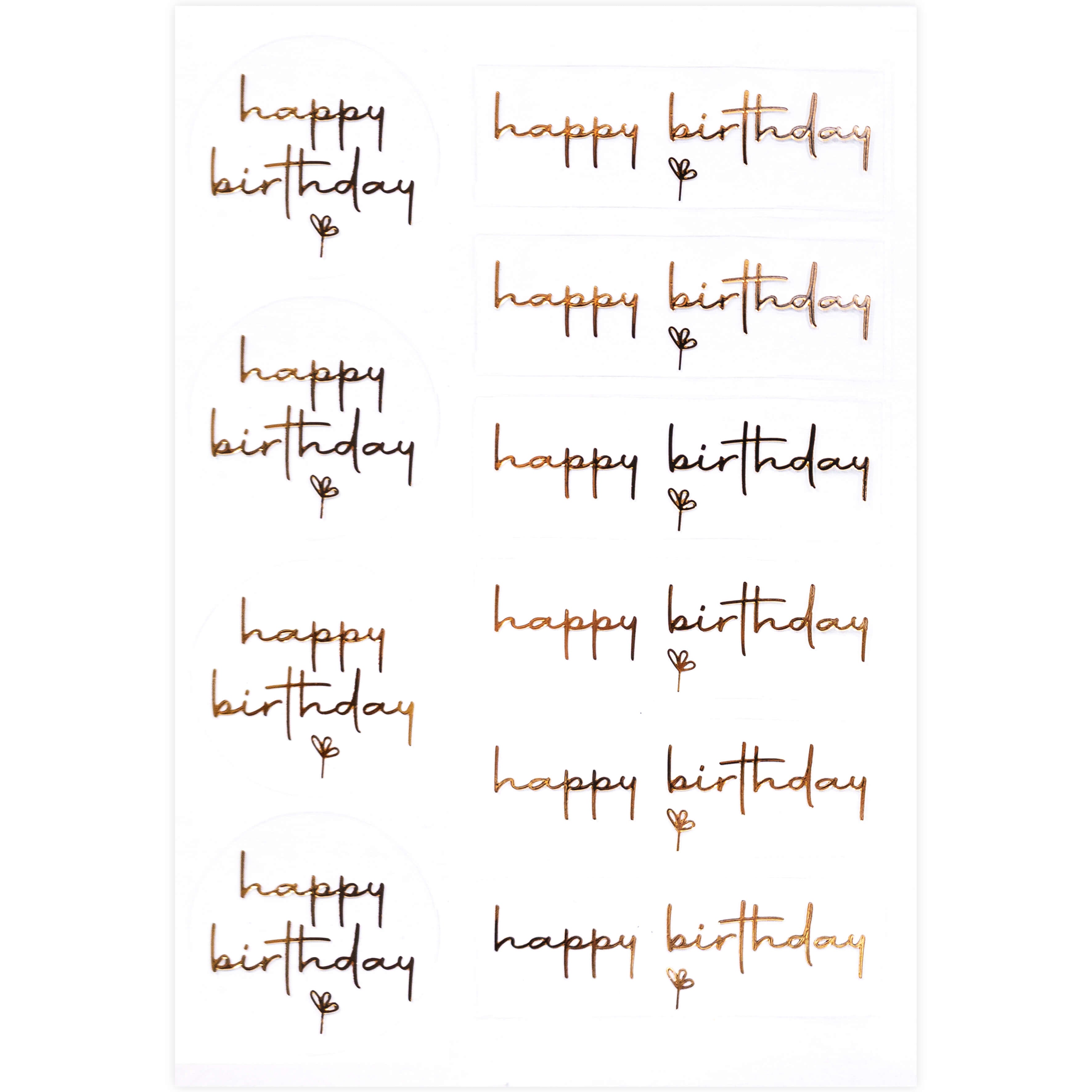 L'Artoz Sticker Happy Birthday transparent d'Artoz Papier AG représente le mot "Happy Birthday" en cursive dorée et noire avec un cœur en dessous, parfait pour la Geburtstagsdekoration, disposé sur une feuille transparente en quatre rangées de trois.