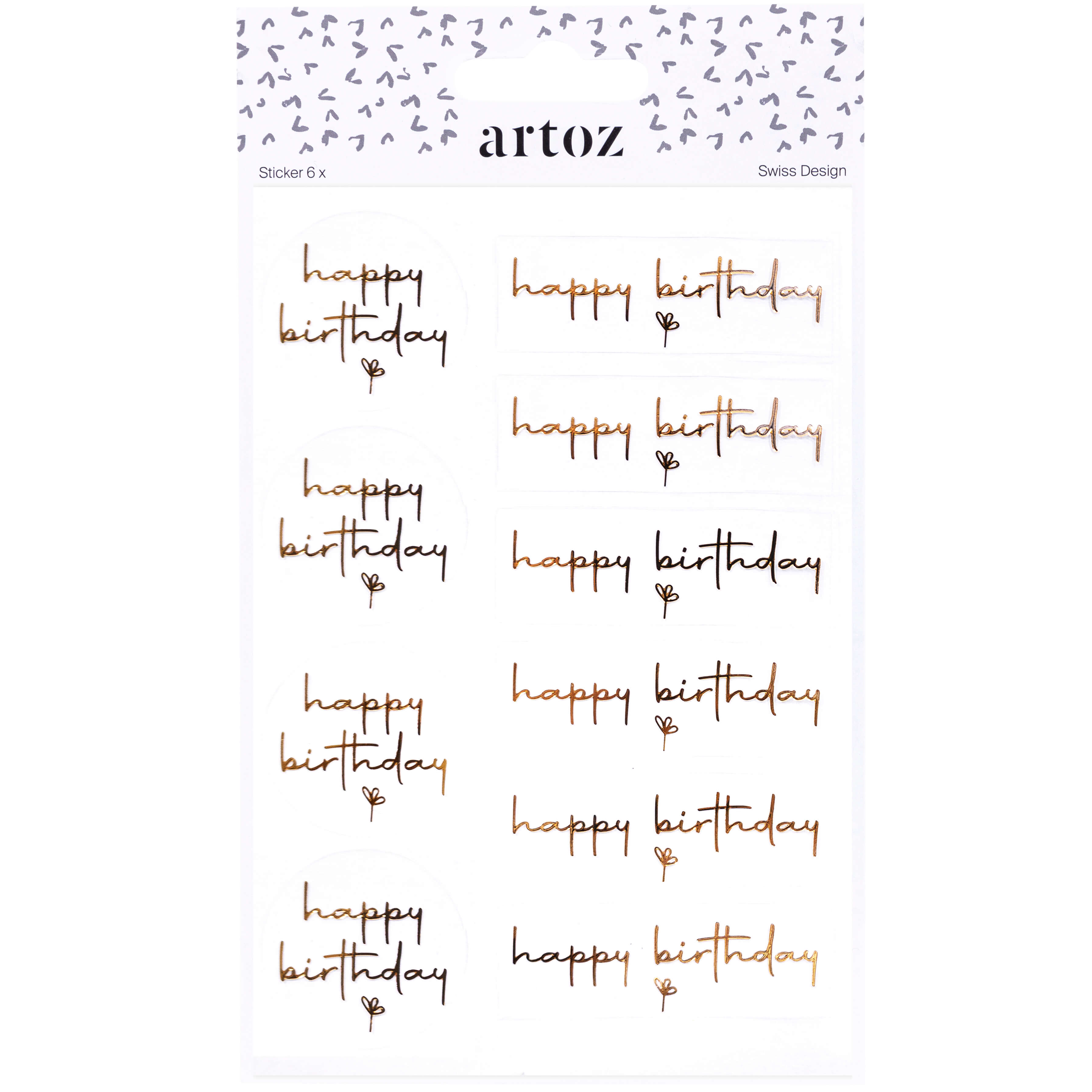 Le set Artoz Papier AG "Artoz Sticker Happy Birthday transparent" comprend 12 autocollants cursifs dorés avec un cœur, idéaux pour les décorations d'anniversaire. Ils sont disposés en trois colonnes sur une feuille blanche.
