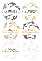 Six motifs ronds « Merry Christmas » en noir et or, avec des lettres estompées, chacun encadré d’une couronne de feuilles minimaliste et disposés en deux colonnes de trois rangées chacune sur fond blanc. Les autocollants transparents « Merry Christmas » d’Artoz Papier AG sont parfaits pour les projets de bricolage festifs : ces autocollants « Merry Christmas » apportent une touche d’élégance à toutes vos décorations de Noël et à vos projets créatifs.