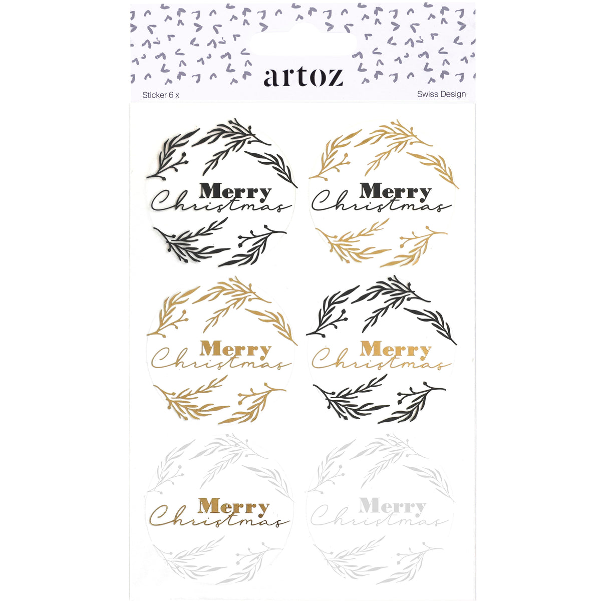 Six autocollants circulaires Artoz « Merry Christmas » transparents, ornés de couronnes dorées et noires, sont disposés en deux colonnes sur un fond blanc. Idéaux pour la décoration d'emballages cadeaux, ces autocollants transparents arborent le nom de la marque Artoz Papier AG en haut, en lettres noires.