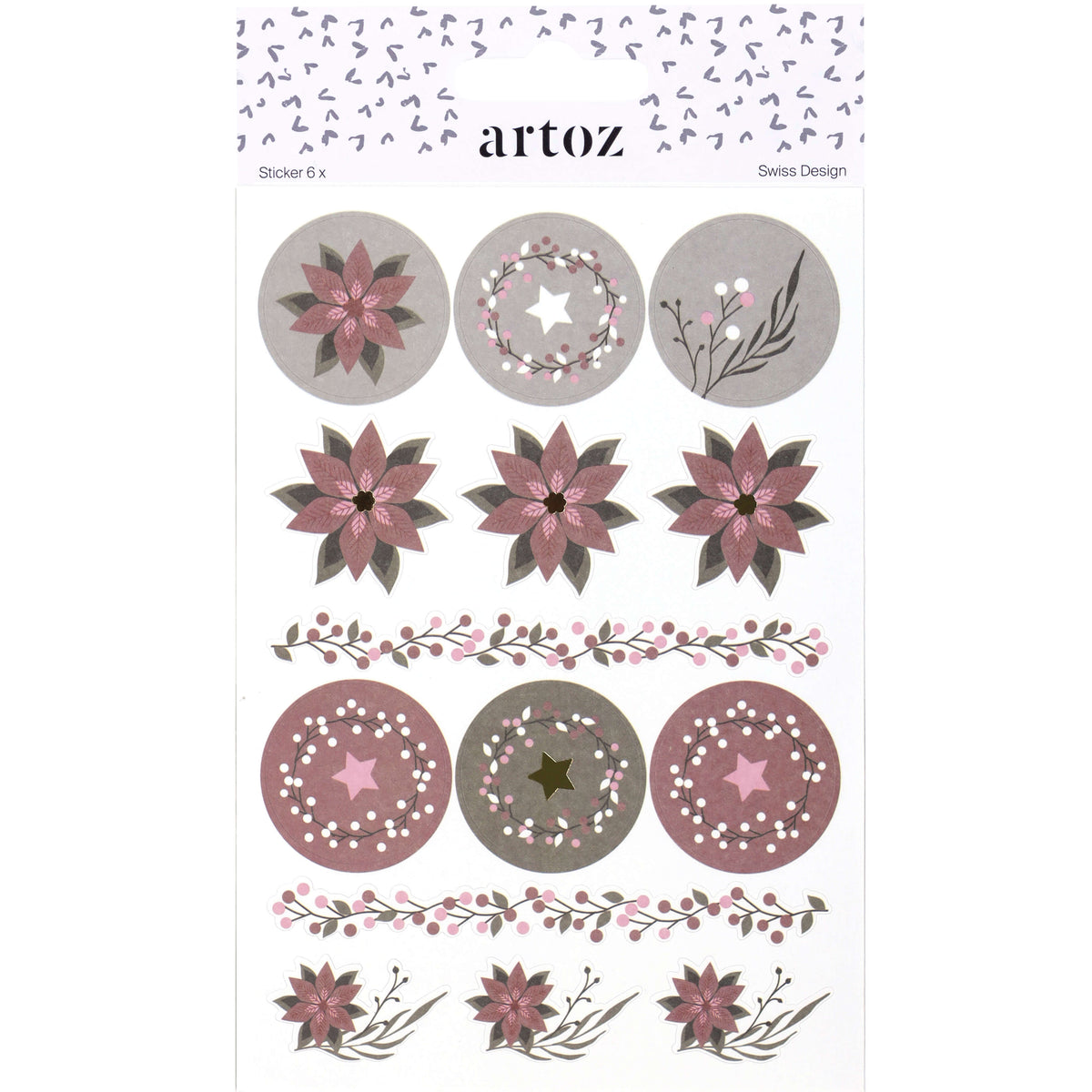 Une feuille « Artoz Sticker Fleurs de Noël » de la société Artoz Papier AG, comportant des motifs ronds et floraux dans les tons rose, gris et blanc, notamment des fleurs, des feuilles, des étoiles et des brindilles décoratives – idéale pour les projets de loisirs créatifs ou pour apporter une touche festive de fleurs de Noël. La feuille est dotée d'une bordure à motifs portant l'inscription « Artoz ».