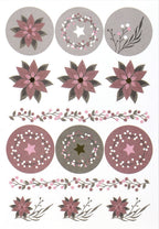 Une feuille d'autocollants décoratifs « Artoz Sticker Weihnachtsblumen » de la marque Artoz Papier AG, présentant des motifs floraux roses et gris, des baies, des branches et des motifs ronds — dont certains ornés d'une étoile au centre —, parfaits pour les projets de décoration DIY.