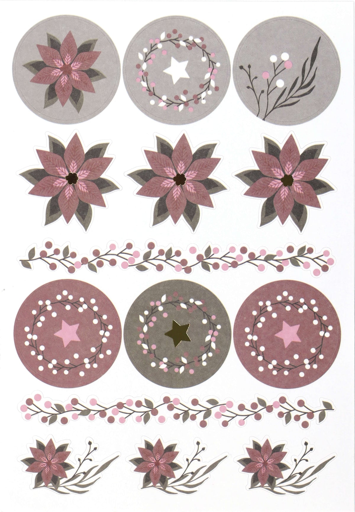 Une feuille d'autocollants décoratifs « Artoz Sticker Weihnachtsblumen » de la marque Artoz Papier AG, présentant des motifs floraux roses et gris, des baies, des branches et des motifs ronds — dont certains ornés d'une étoile au centre —, parfaits pour les projets de décoration DIY.