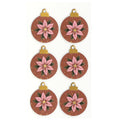 Six autocollants décoratifs ronds ornés de motifs de poinsettias roses et de bordures dorées, inspirés du design suisse et disposés en deux colonnes bien ordonnées sur un fond blanc. Ces décorations « 3D Sticker Weihnachtskugel Blume » d'Artoz Papier AG apportent une touche festive à vos créations.