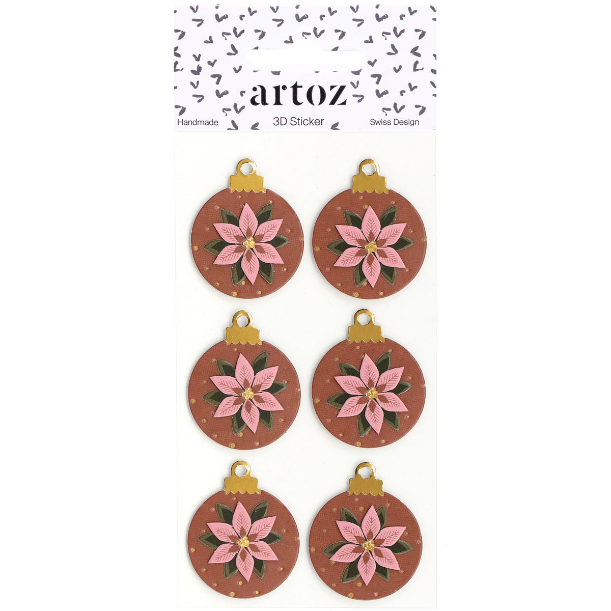 Six décorations de Noël rondes et marron « Artoz 3D Sticker Weihnachtskugel Blume », ornées de fleurs de poinsettia roses et de touches dorées, présentées sur une carte blanche portant la marque Artoz Papier AG et mettant en valeur l'élégant design suisse.