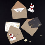 Drei braune Umschläge, von denen zwei geöffnet sind und gemusterte Karten enthüllen, verkörpern die elegante Schlichtheit des Schweizer Designs. Zwei Umschläge aus der Serie „Geschenkkuvert klein Sterne“ von Artoz Papier AG sind mit einem ausgeschnittenen Eisbären verziert. Goldene Sternchen und Lebkuchenmotive heben sich deutlich vom schwarzen Hintergrund ab. Ein Umschlag trägt die Aufschrift „Vera.“ und eignet sich somit ideal als „Gutschein-Kuvert klein“ für liebevolle Geldgeschenke.