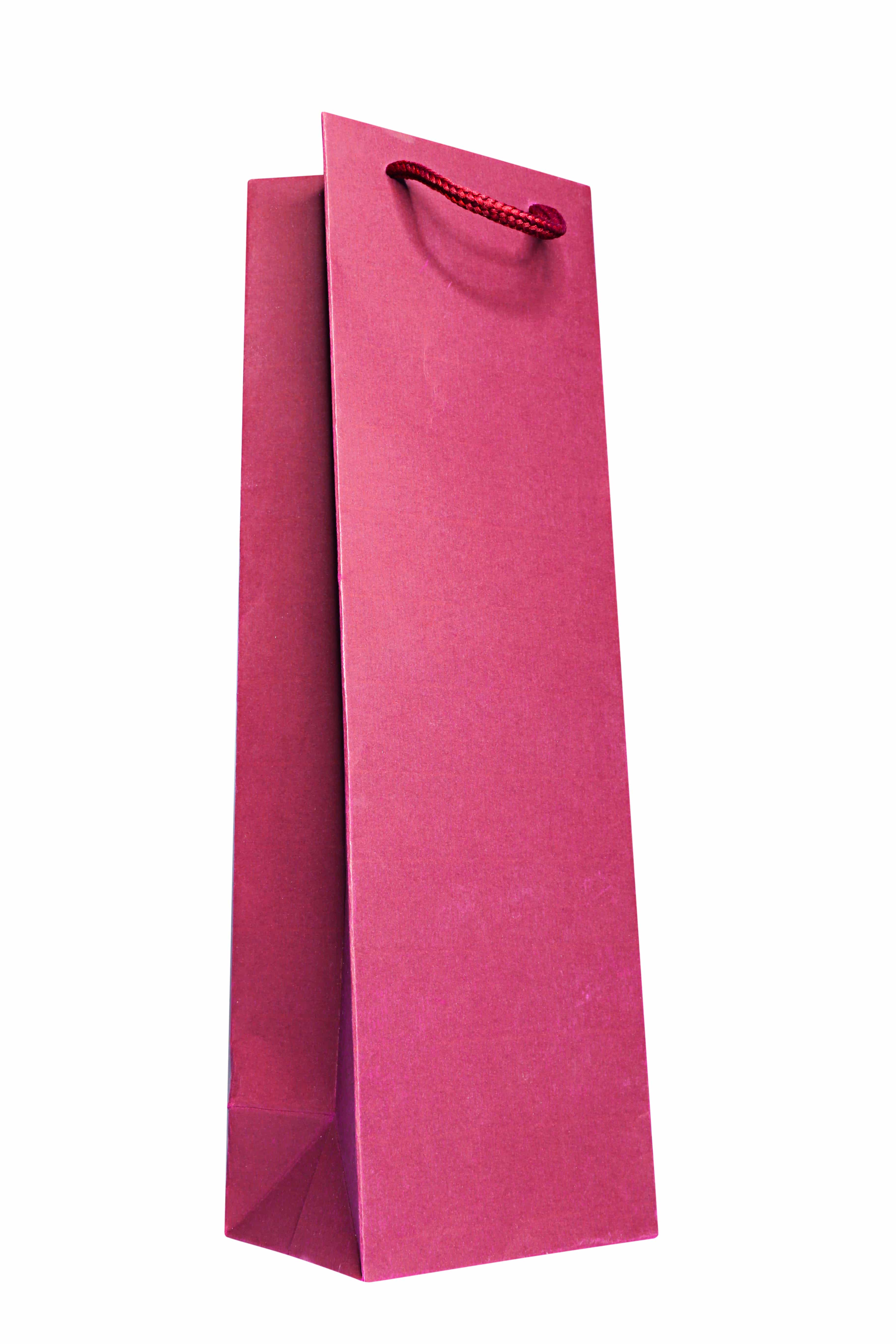 Grand sac cadeau en papier kraft rose de la marque Artoz Papier AG, muni de deux poignées rouges courtes, présenté debout sur un fond blanc — idéal comme emballage cadeau élégant ou comme « sac à vin » disponible en différentes couleurs.