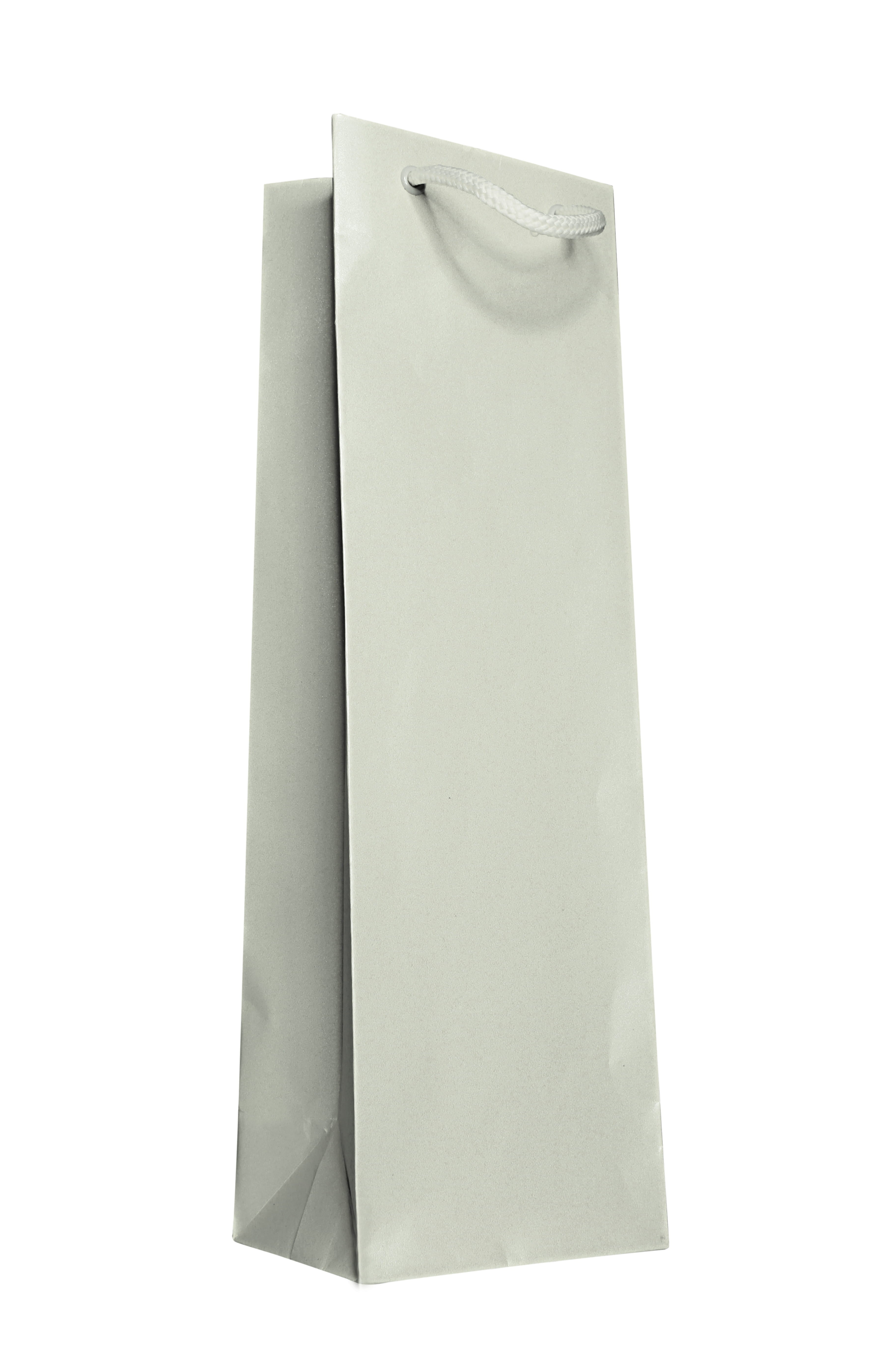 Un sac « Wein Tragetasche div. Farben » d'Artoz Papier AG, au design épuré et de couleur gris clair, doté d'une poignée en corde résistante, se détache sur un fond blanc : il est idéal comme sac à vin élégant ou pour un emballage cadeau raffiné.