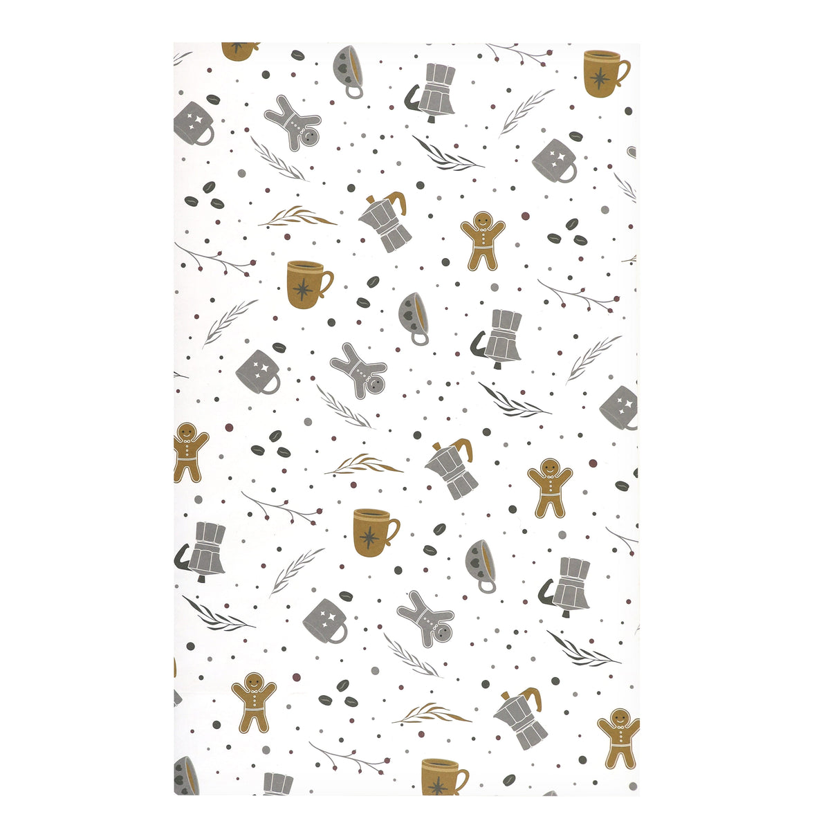 Fond blanc orné d'un motif répétitif composé de tasses marron, de tasses grises, de cafetières, de bonhommes en pain d'épices, ainsi que de grains de café, de feuilles et de points éparpillés dans des tons neutres — idéal pour le modèle « Papiertüte L Winter Design » d'Artoz Papier AG, pour un emballage cadeau suisse élégant ou comme sac cadeau original.