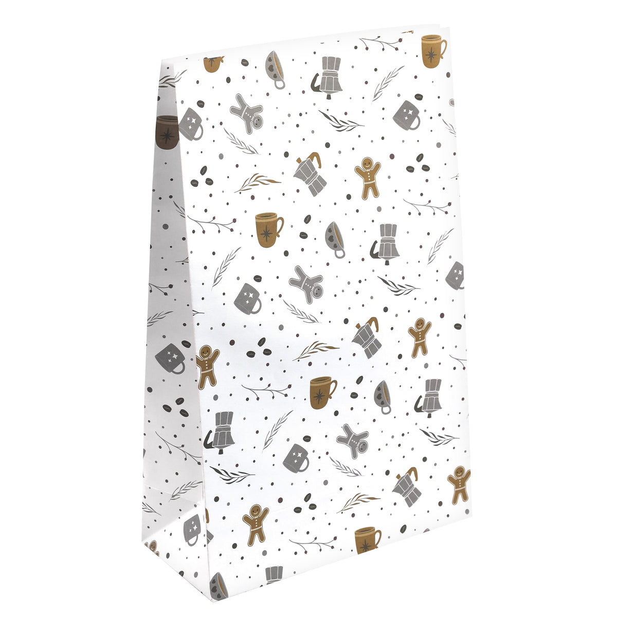 Le « Sac en papier L Winter Design » d'Artoz Papier AG est un sac cadeau en papier blanc orné d'un motif festif : des bonhommes en pain d'épices, des tasses, des étoiles, des biscuits et des pois éparpillés dans les tons marron, gris et noir sur fond blanc – un ravissant design suisse qui convient parfaitement à tous vos emballages cadeaux.