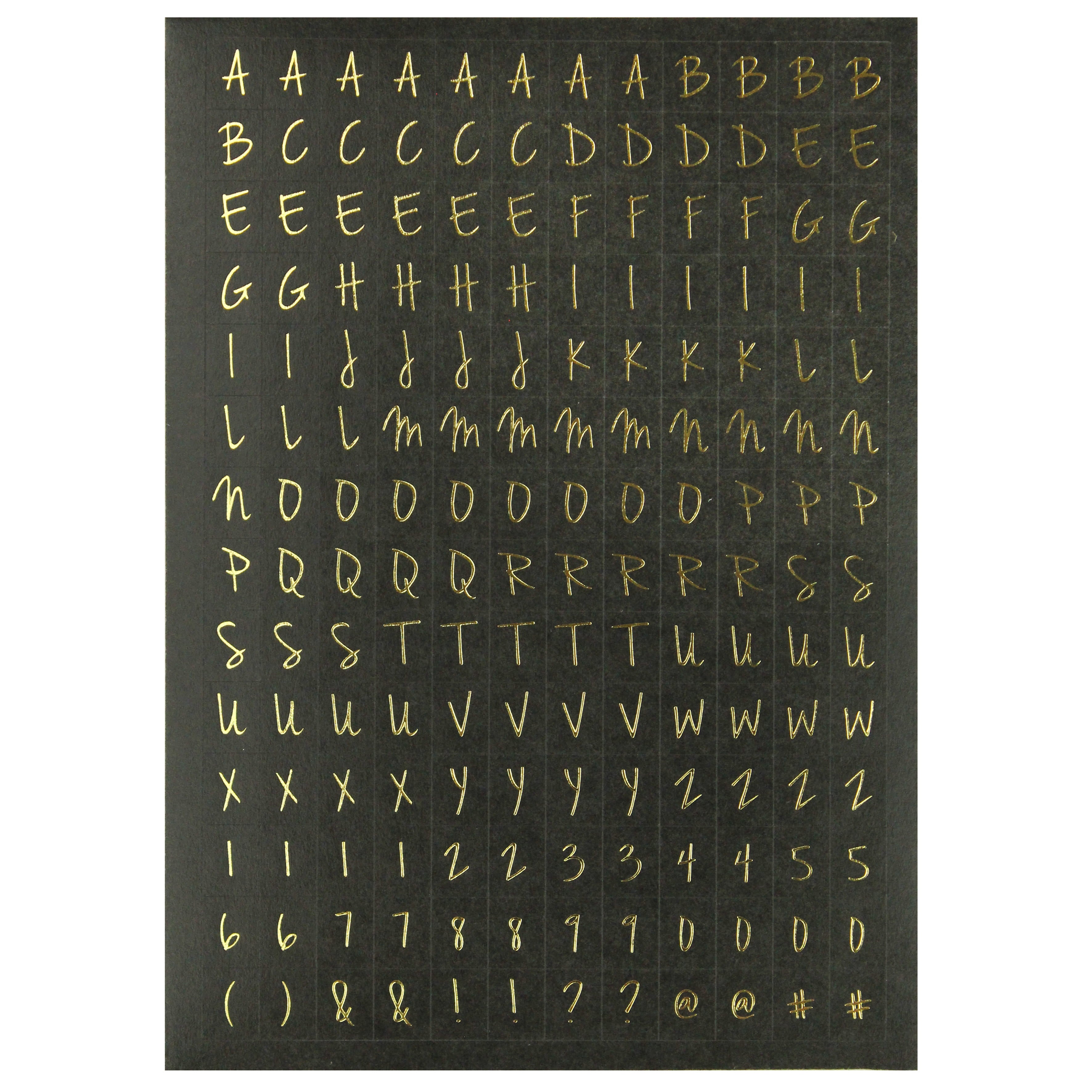 Goldene Buchstaben, Zahlen und Symbole in Handschrift sind auf einem dunklen Hintergrund angeordnet - ideal zum Dekorieren oder Basteln mit dem eleganten Artoz Sticker Alphabet der Artoz Papier AG.