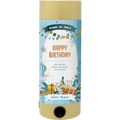 Die Artoz Papier AG Tischbombe ohne Feuer - Happy Birthday ist eine farbenfrohe zylindrische Tischbombe mit festlichem "HAPPY BIRTHDAY"-Design, französischem Text, Luftballons, Kuchen, Geschenken und Konfetti - ideal als sichere Dekoration für Ihre Geburtstagsfeier.