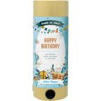 Die Artoz Papier AG Tischbombe ohne Feuer - Happy Birthday ist eine farbenfrohe zylindrische Tischbombe mit festlichem "HAPPY BIRTHDAY"-Design, französischem Text, Luftballons, Kuchen, Geschenken und Konfetti - ideal als sichere Dekoration für Ihre Geburtstagsfeier.