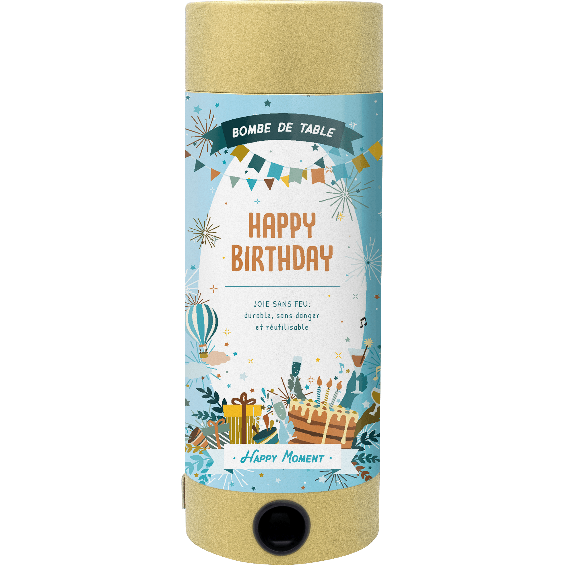 L'Artoz Papier AG Tischbombe Happy Birthday est une bombe cylindrique avec des extrémités dorées et une étiquette festive avec des ballons, des cadeaux, un gâteau, des étoiles, un texte en français et des accents bleus, blancs et dorés - idéal pour les surprises d'anniversaire !.