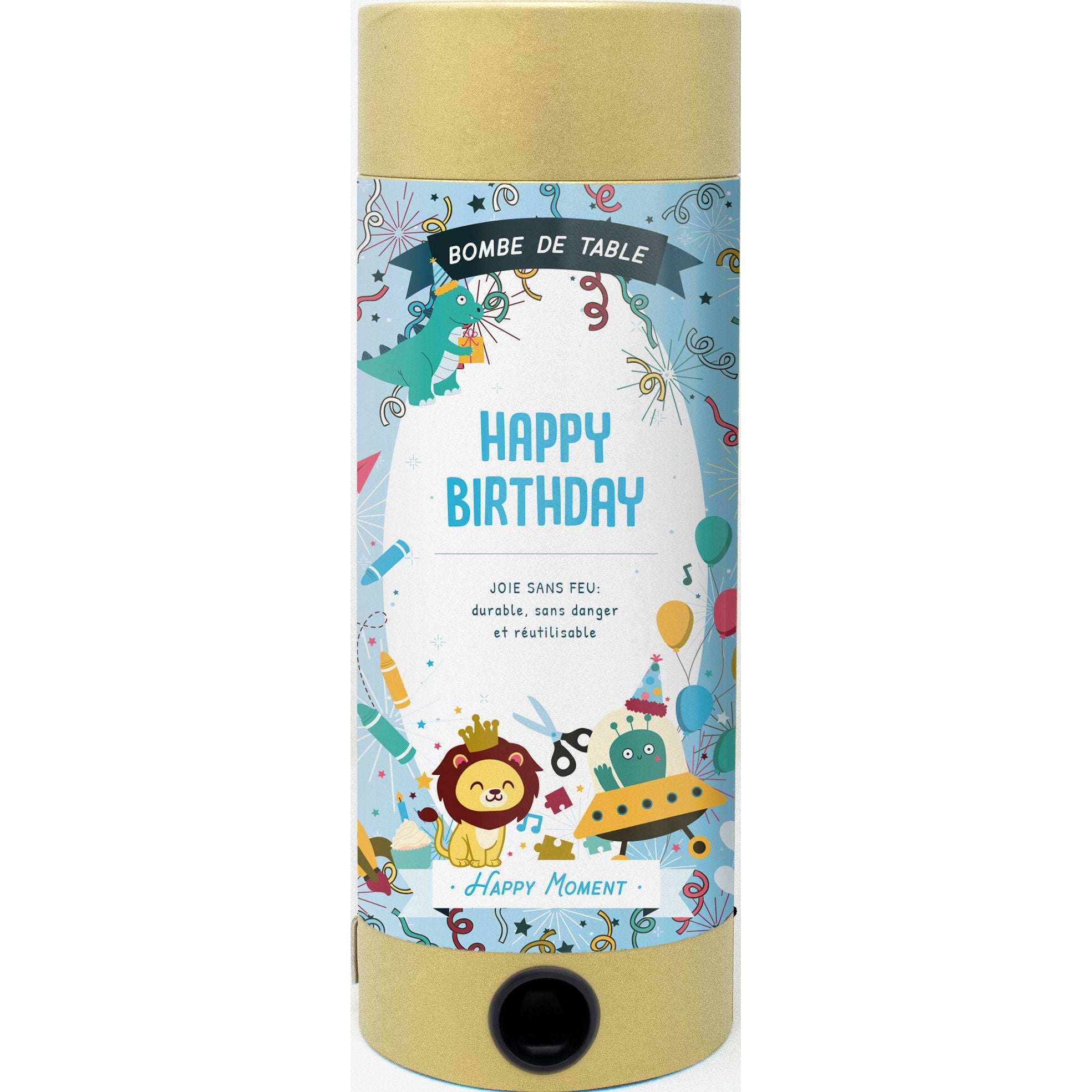 L'Artoz Papier AG Tischbombe ohne Feuer - Happy Birthday Boy est une bombe de table cylindrique aux motifs festifs, tels qu'un lion avec un chapeau d'anniversaire et des ballons. L'étiquette porte les mentions "Happy Birthday" et "Bombe de Table".
