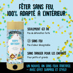 Publicité pour le produit Artoz Papier AG "Tischbombe ohne Feuer - Happy Birthday Boy" : une bombe de fête sans feu et sans danger pour les enfants, avec des confettis festifs, peu bruyante (63 dB), parfaite pour l'intérieur et les fêtes d'anniversaire, représentée sur un fond bleu.