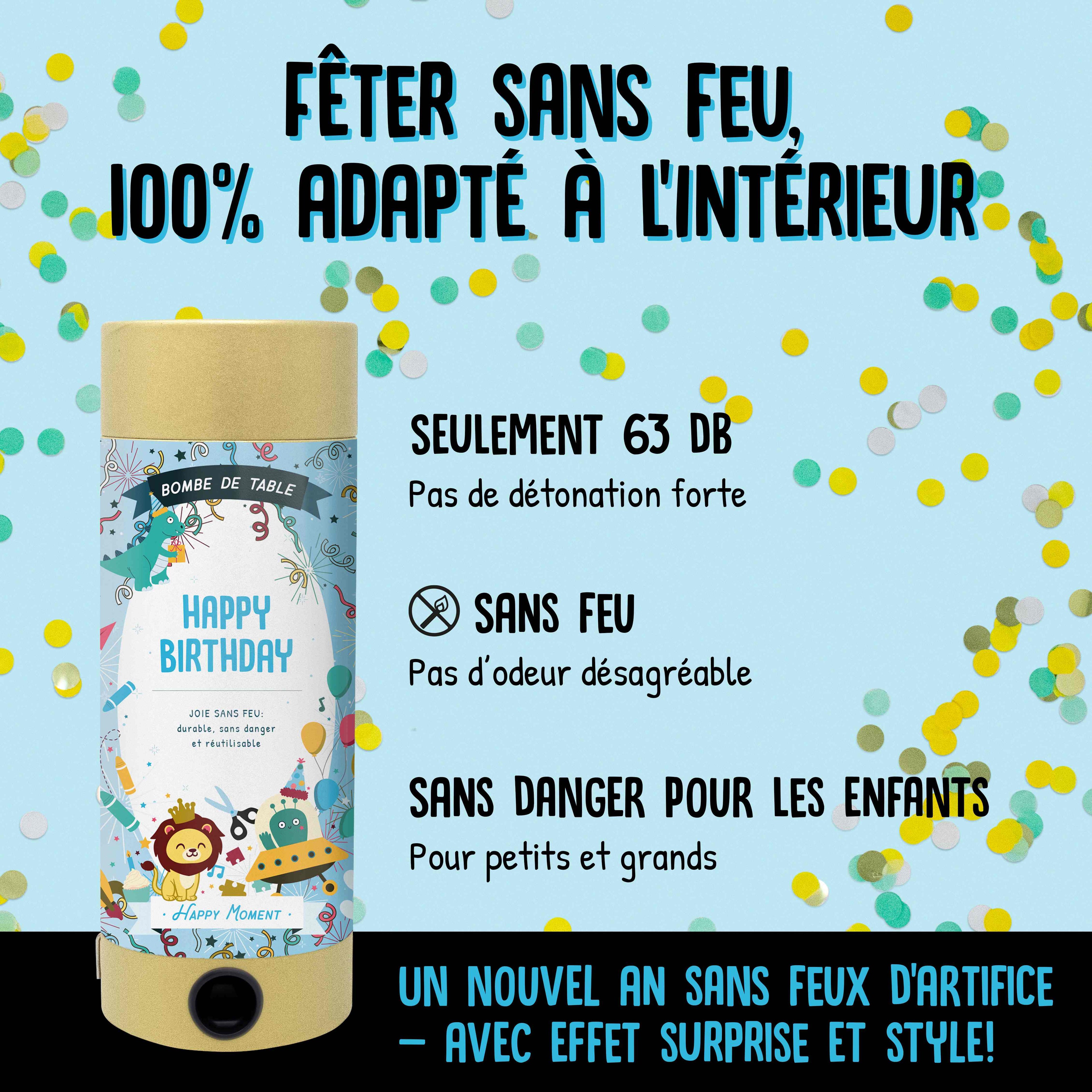 Publicité pour le produit Artoz Papier AG "Tischbombe ohne Feuer - Happy Birthday Boy" : une bombe de fête sans feu et sans danger pour les enfants, avec des confettis festifs, peu bruyante (63 dB), parfaite pour l'intérieur et les fêtes d'anniversaire, représentée sur un fond bleu.