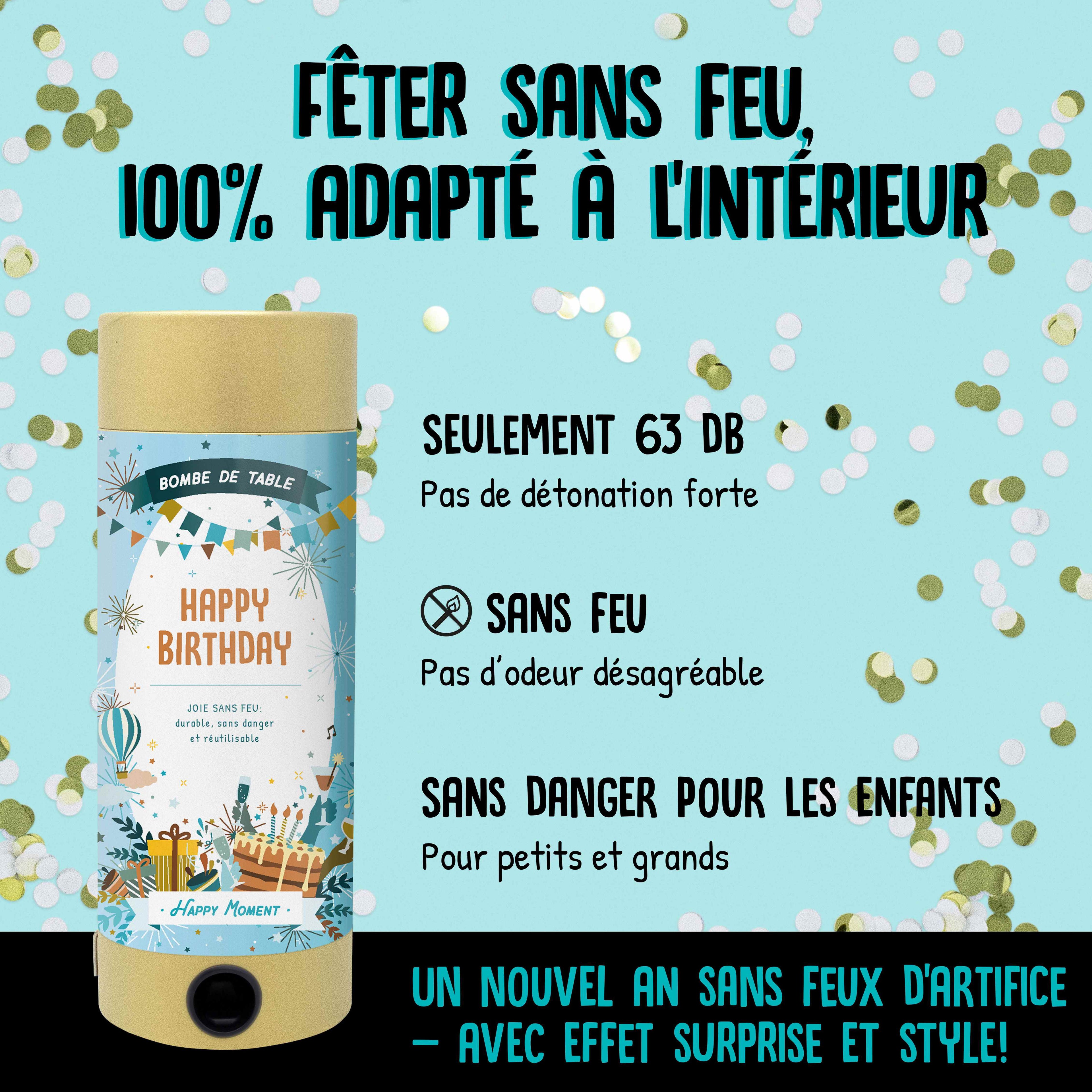 Die Artoz Papier AG Tischbombe ohne Feuer - Happy Birthday wird mit Konfetti vor einer festlichen Kulisse gezeigt. Highlights: 63 dB Lärm, flammenlos, kindersicher, geruchsneutral - ideal für Indoor-Geburtstagsfeiern.