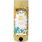 Die Artoz Papier AG Tischbombe ohne Feuer - Kids Party ist eine zylindrische, sichere Konfettikanone in gelb-weißem Design mit Cartoon-Tieren, Luftballons, Partyhüten und Luftschlangen für fröhliche Feste.