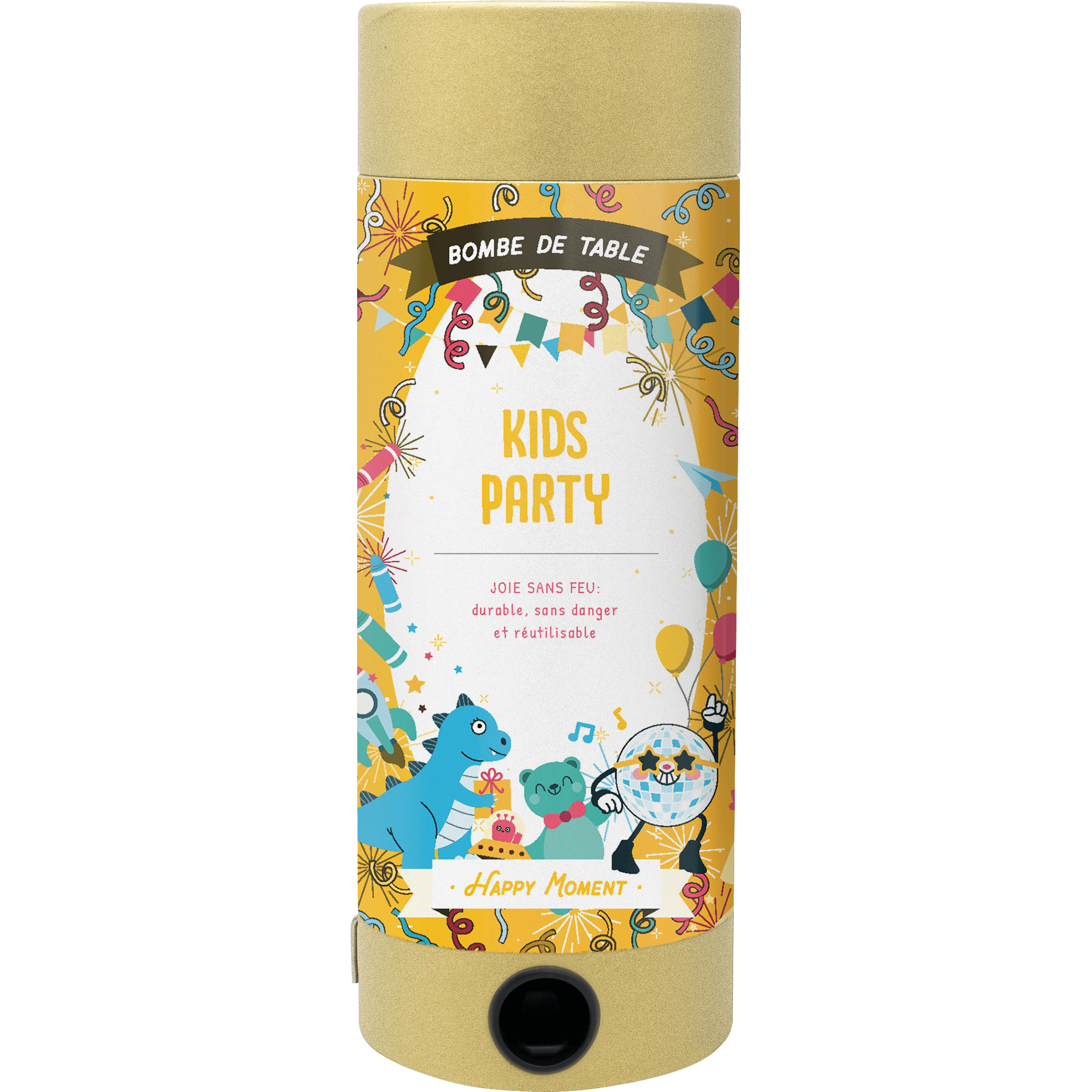 Die Artoz Papier AG Tischbombe ohne Feuer - Kids Party ist eine zylindrische, sichere Konfettikanone in gelb-weißem Design mit Cartoon-Tieren, Luftballons, Partyhüten und Luftschlangen für fröhliche Feste.