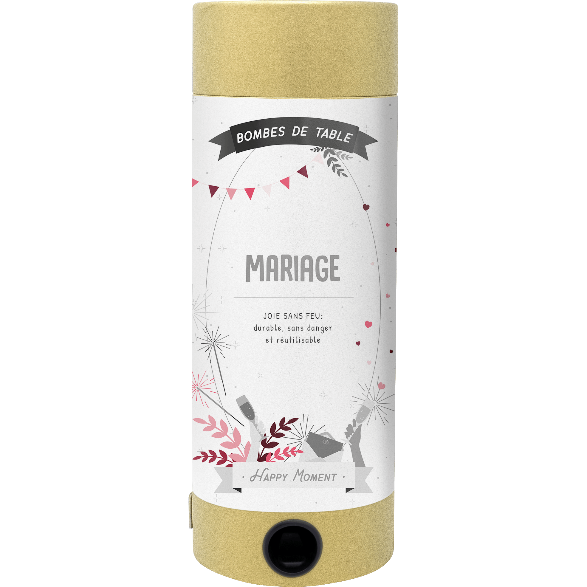 Die Artoz Papier AG Tischbombe ohne Feuer - Hochzeit ist ein zylindrischer Behälter mit festlicher Hochzeitsgrafik und französischem Text, ideal als Hochzeitsdeko, um Wimpel, Konfetti und Glitzer zu Ihrer Feier hinzuzufügen.