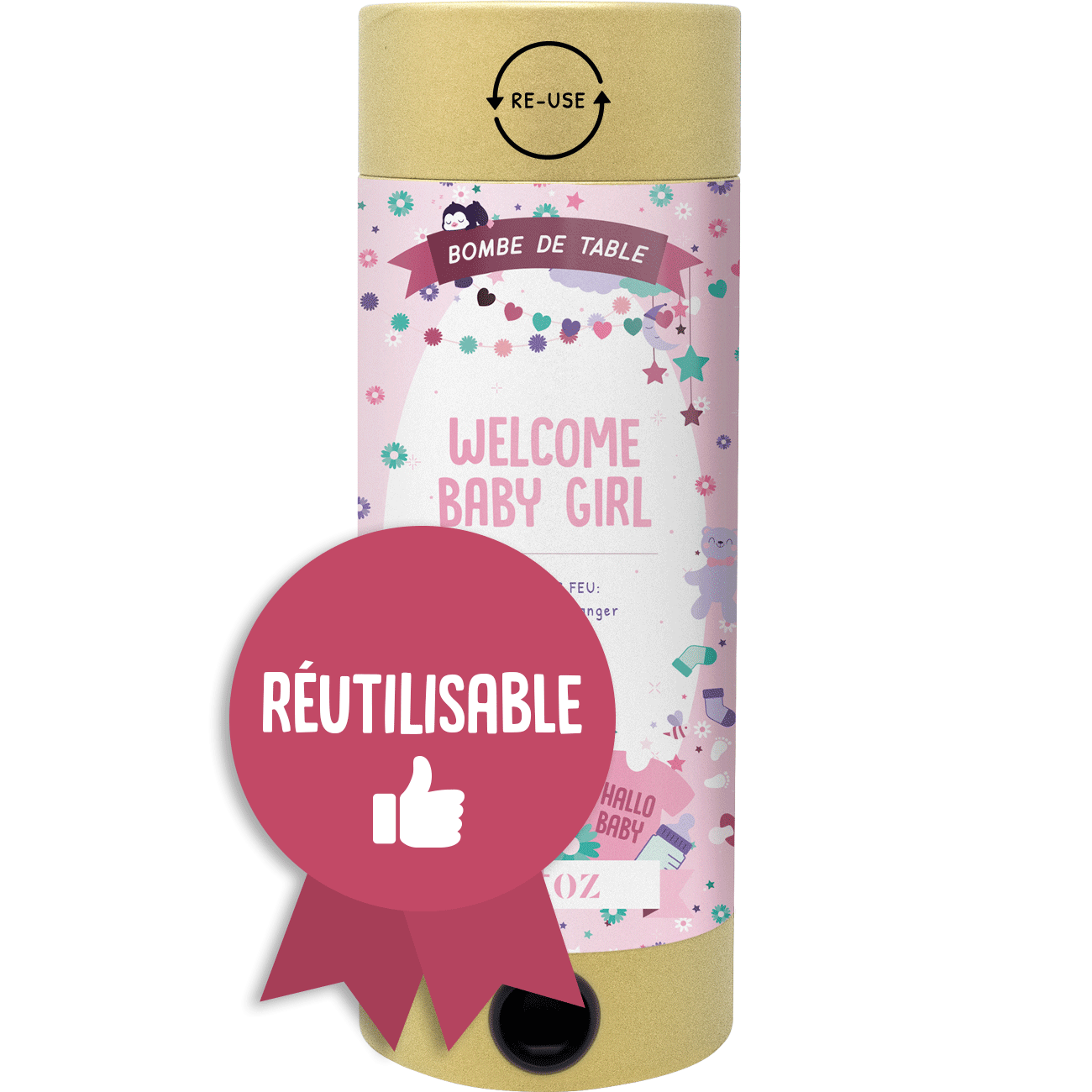 L'Artoz Papier AG Tischbombe ohne Feuer - Welcome Baby Girl présente un motif pastel avec des étoiles et des animaux. Un badge rose indique qu'il s'agit d'un wiederverwendbar, ce qui en fait une alternative sûre et sans danger pour la santé pour vos célébrations.