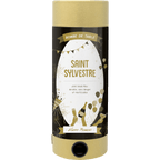 L'Artoz Papier AG Tischbombe ohne Feuer - Silvester Party est une bombe cylindrique sûre, durable et réutilisable, ornée de motifs festifs en or, noir et blanc.