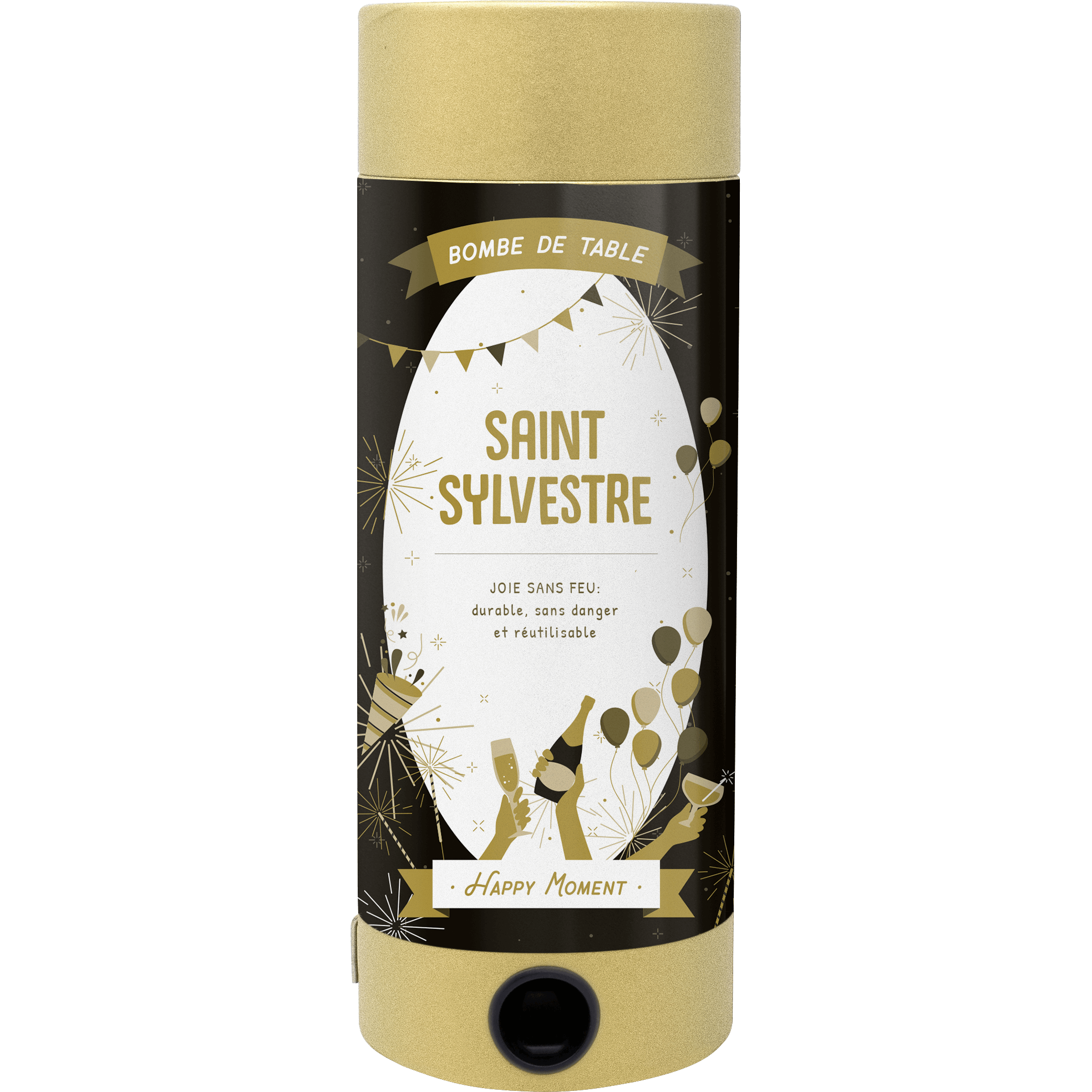 L'Artoz Papier AG Tischbombe ohne Feuer - Silvester Party est une bombe cylindrique sûre, durable et réutilisable, ornée de motifs festifs en or, noir et blanc.