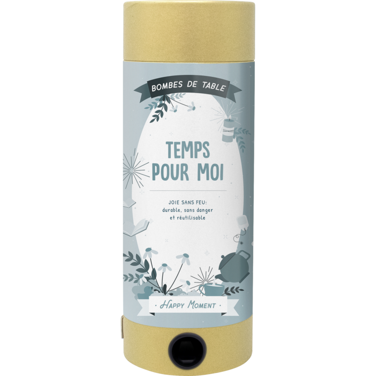 Un récipient cylindrique de couleur pastel étiqueté "Zeit für mich" par Artoz Papier AG, décoré de motifs floraux et d'un texte en français, comporte un bouton noir à la base. Cette Tischbombe kinderfreundliche est wiederverwendbar et feuerfrei pour des célébrations en toute sécurité.
