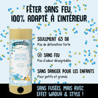 Un Tischbombe ohne Feuer - Welcome Baby Boy d'Artoz Papier AG est représenté sur un fond bleu avec des confettis bleus, dorés et blancs. Le texte en français indique qu'il est sans feu, sûr et silencieux, idéal pour une utilisation à l'intérieur et pour les enfants.