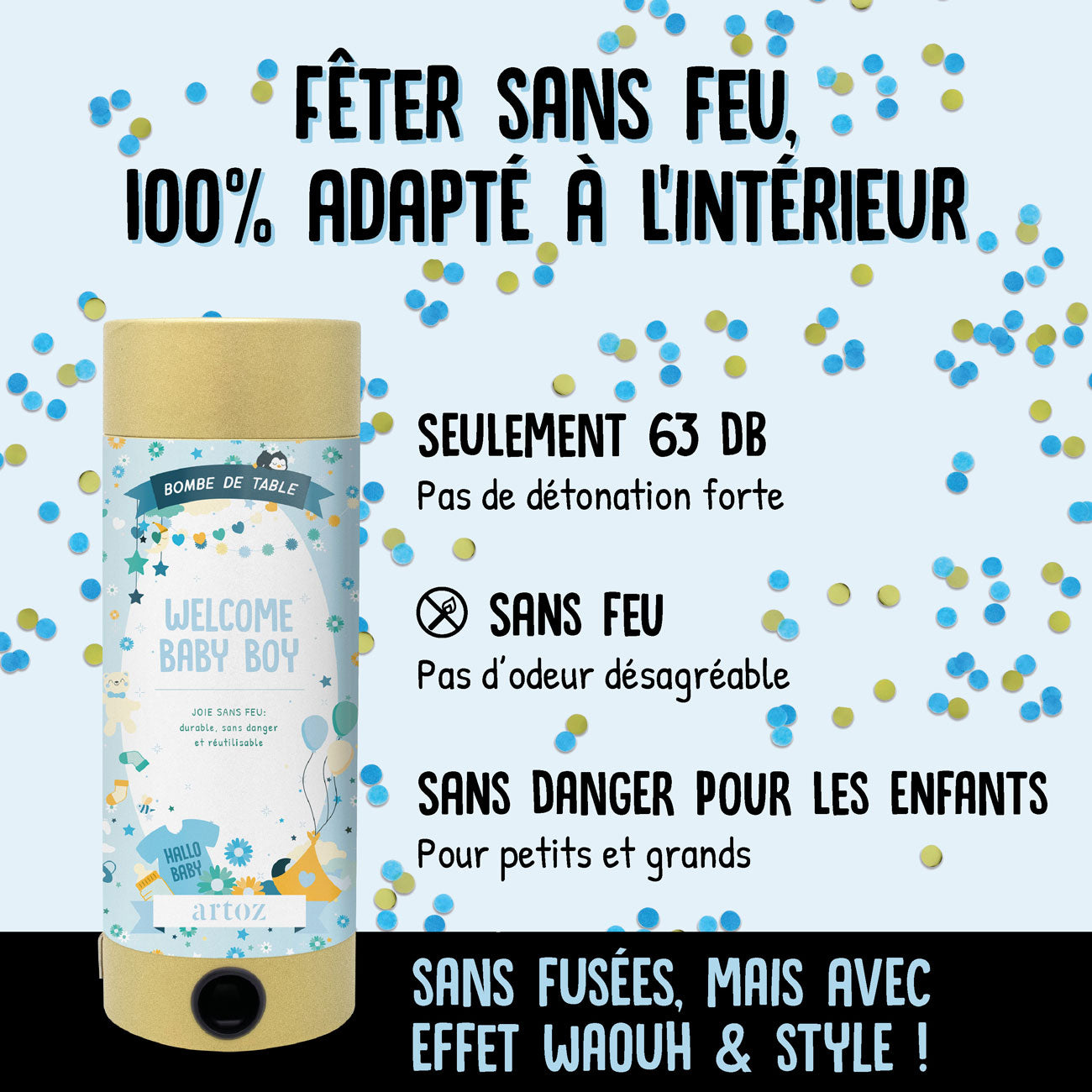 Un Tischbombe ohne Feuer - Welcome Baby Boy d'Artoz Papier AG est représenté sur un fond bleu avec des confettis bleus, dorés et blancs. Le texte en français indique qu'il est sans feu, sûr et silencieux, idéal pour une utilisation à l'intérieur et pour les enfants.