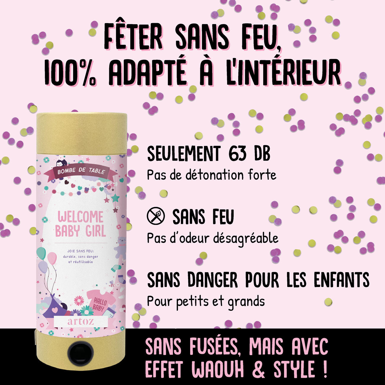 La lampe à poser sans fumée - Welcome Baby Girl d'Artoz Papier AG se compose de konfetti, est chaude (63 dB), sans fumée, sans danger et plus douce - parfaite pour les fêtes d'intérieur à l'occasion de la naissance d'une jeune fille.